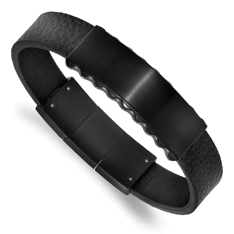 Discounted Luxury Jewelry – Shine Without The Splurge Black Plated Stainless Steel Black Leather Adj. I.D. Bracelet, 7.75 In Discounted Luxury Jewelry – Shine Without The Splurge Black Plated Stainless Steel Black Leather Adj. I.D. Bracelet, 7.75 In