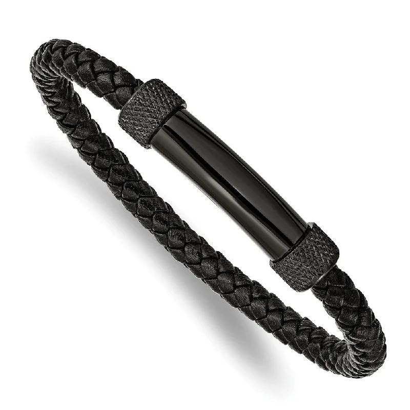 Special Jewelry Deals – Upgrade Your Collection Black Plated Stainless Steel & Black Leather Bar Bracelet, 8.25 Inch Special Jewelry Deals – Upgrade Your Collection Black Plated Stainless Steel & Black Leather Bar Bracelet, 8.25 Inch