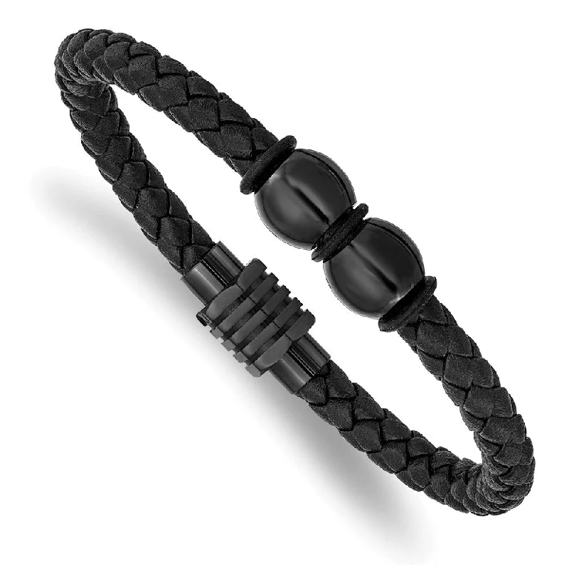 Luxury Jewelry At Budget-Friendly Prices – Grab Yours Now Black Plated Stainless Steel Black Leather & Rubber Bracelet, 8.25 In Luxury Jewelry At Budget-Friendly Prices – Grab Yours Now Black Plated Stainless Steel Black Leather & Rubber Bracelet, 8.25 In