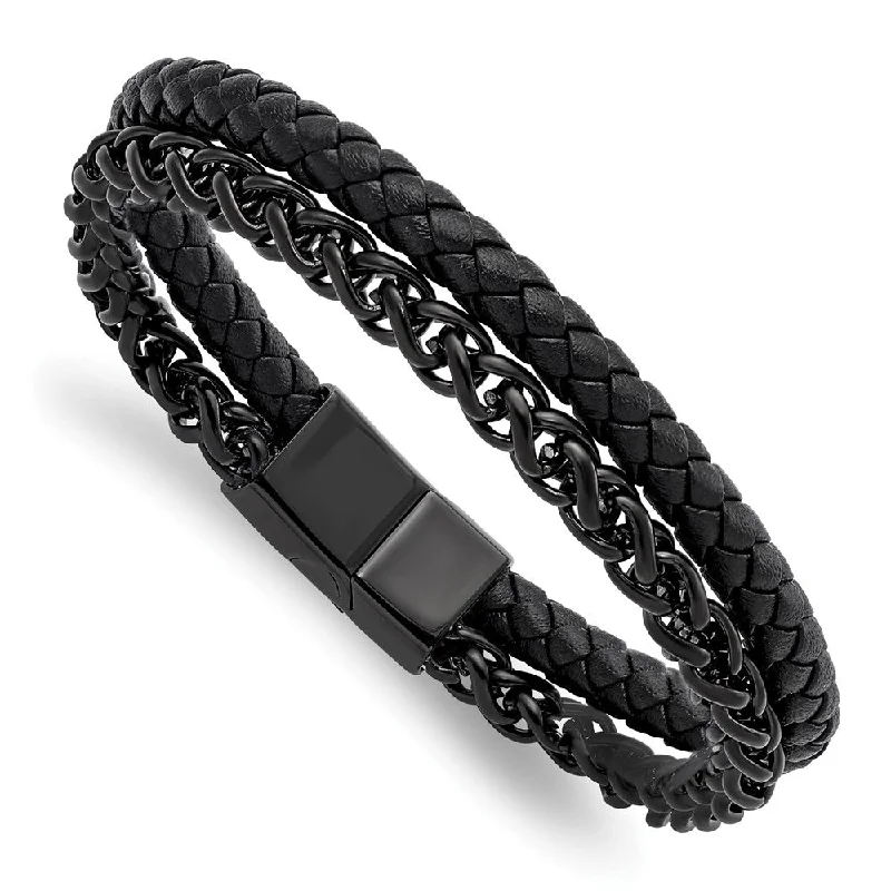 Fashion-Forward Jewelry At Incredible Prices Black Plated Stainless Steel & Black Leather Strand Bracelet, 8.5 Inch Fashion-Forward Jewelry At Incredible Prices Black Plated Stainless Steel & Black Leather Strand Bracelet, 8.5 Inch