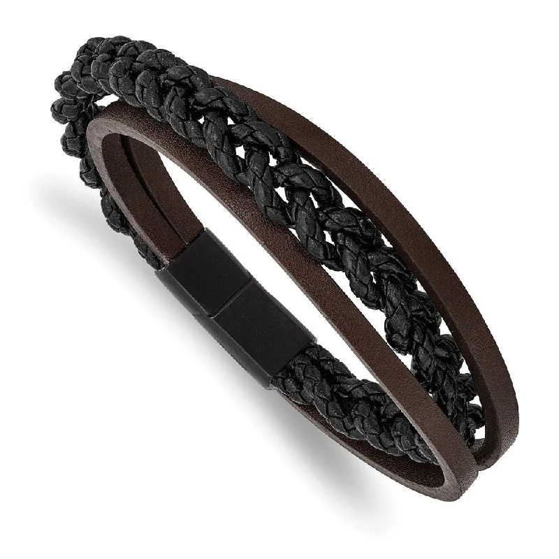 Affordable Elegance – Special Jewelry Sale Now Live Black Plated Stainless Steel, Blk/Brn Leather Strand Bracelet, 8.25 In Affordable Elegance – Special Jewelry Sale Now Live Black Plated Stainless Steel, Blk/Brn Leather Strand Bracelet, 8.25 In