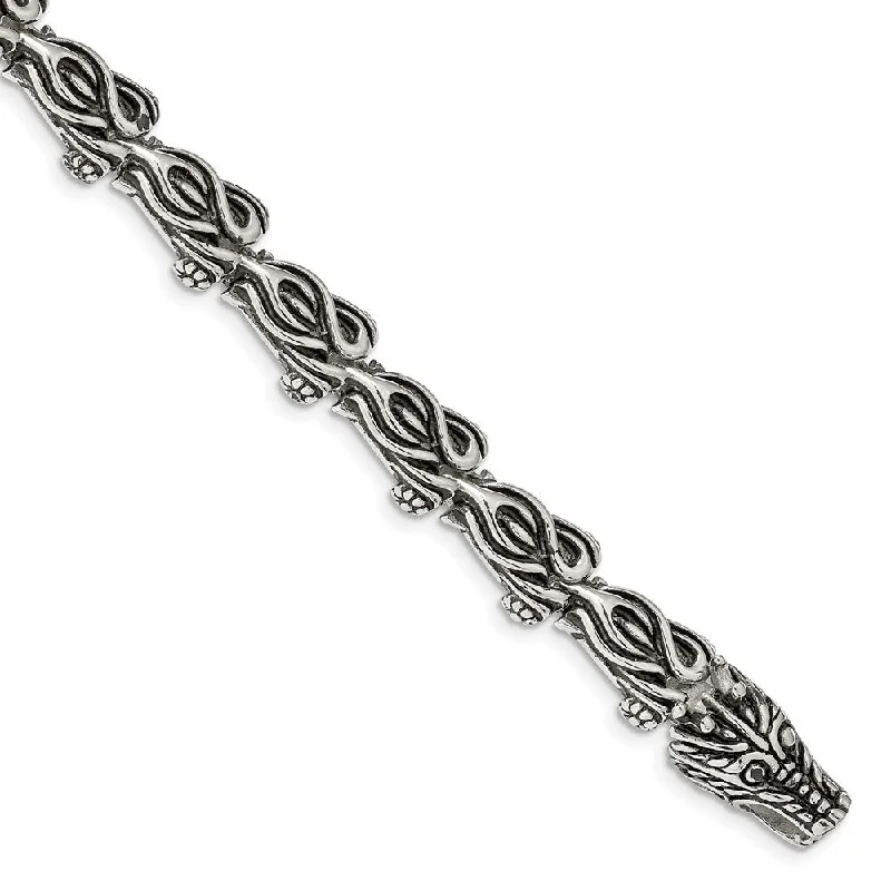 Eco-Friendly Sustainable Jewelry For Conscious Buyers Men's 11mm Stainless Steel Antiqued Dragon Link Bracelet, 8.25 Inch