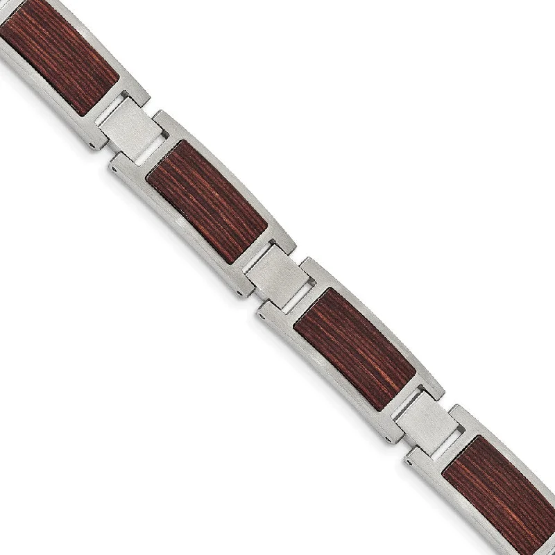 Buy More, Save More On Stunning Jewelry Designs Men's 12mm Stainless Steel & Brown Wood Inlay Link Bracelet, 8.75 Inch