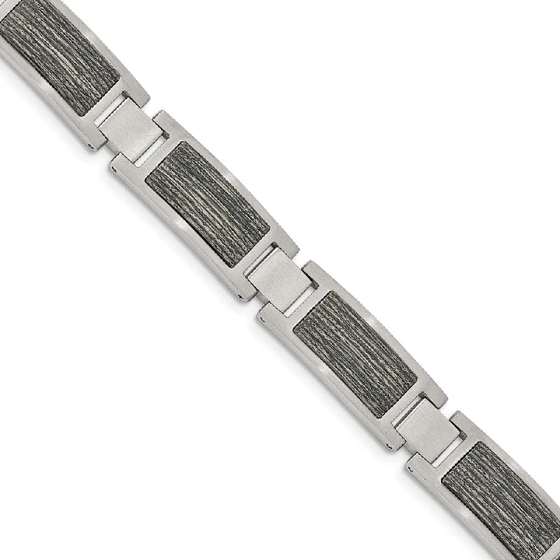 Discounted Luxury Jewelry – Shine Without The Splurge Men's 12mm Stainless Steel & Grey Wood Inlay Link Bracelet, 8.75 Inch