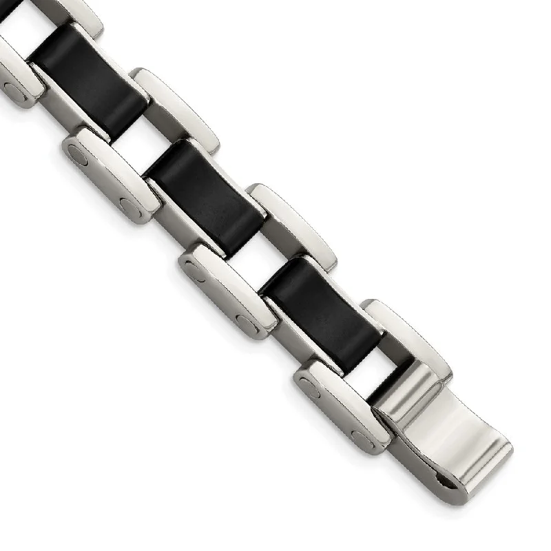 Timeless Elegance Now At Special Discounts Men's 14mm Stainless Steel & Black Rubber Link Bracelet, 8.5 Inch Timeless Elegance Now At Special Discounts Men's 14mm Stainless Steel & Black Rubber Link Bracelet, 8.5 Inch
