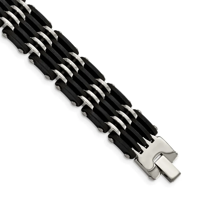 Affordable Glamour – Must-Have Jewelry At Special Rates Men's 15mm Black Rubber & Polished Stainless Steel Bracelet, 8.25 Inch