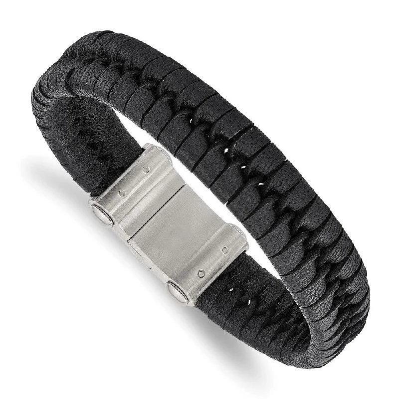 Limited Stock On Premium Jewelry At Low Prices Men's 15mm Stainless Steel & Black Leather Woven Bracelet, 8.5 Inch Limited Stock On Premium Jewelry At Low Prices Men's 15mm Stainless Steel & Black Leather Woven Bracelet, 8.5 Inch