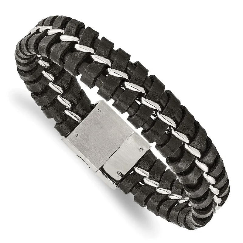 Affordable Luxury Jewelry For Every Occasion Men's 16mm Stainless Steel & Black Leather Bracelet, 9 Inch Affordable Luxury Jewelry For Every Occasion Men's 16mm Stainless Steel & Black Leather Bracelet, 9 Inch