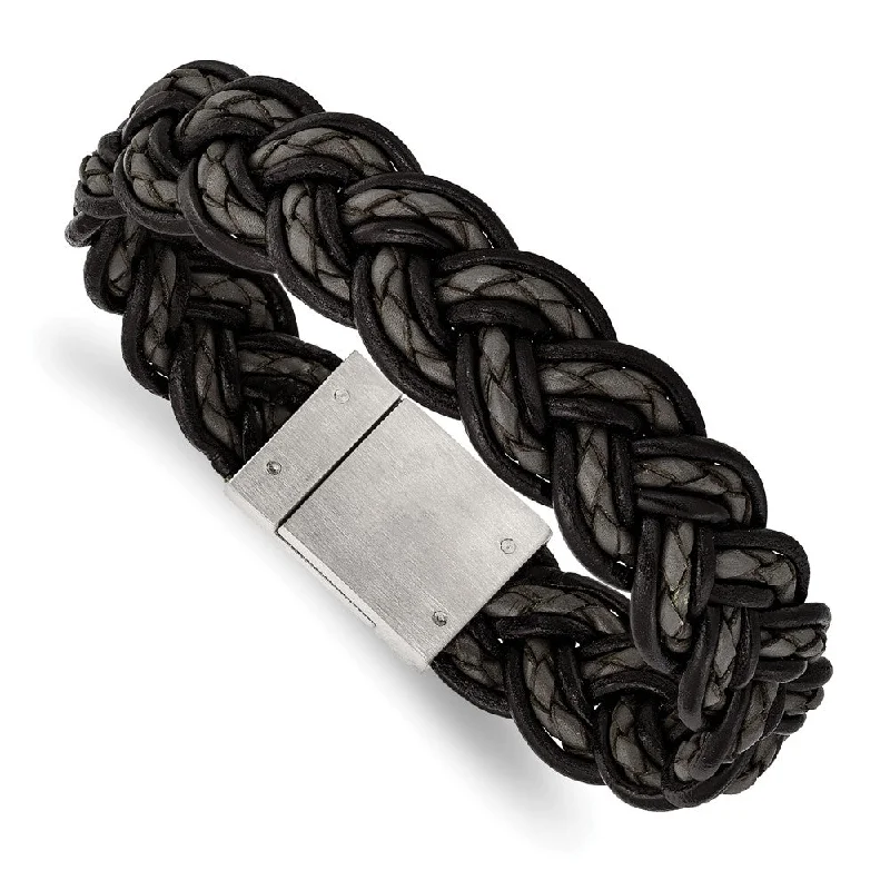 Dainty And Elegant Jewelry Now At Reduced Prices Men's 17mm Woven Black & Gray Leather Stainless Steel Bracelet, 8.5 In Dainty And Elegant Jewelry Now At Reduced Prices Men's 17mm Woven Black & Gray Leather Stainless Steel Bracelet, 8.5 In