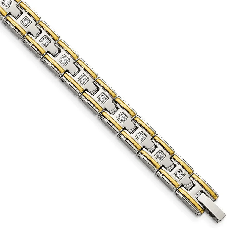 Jewelry Clearance Sale – Final Reductions Men's 8mm Stainless Steel, Gold Tone Plated & CZ Link Bracelet, 8.5 In