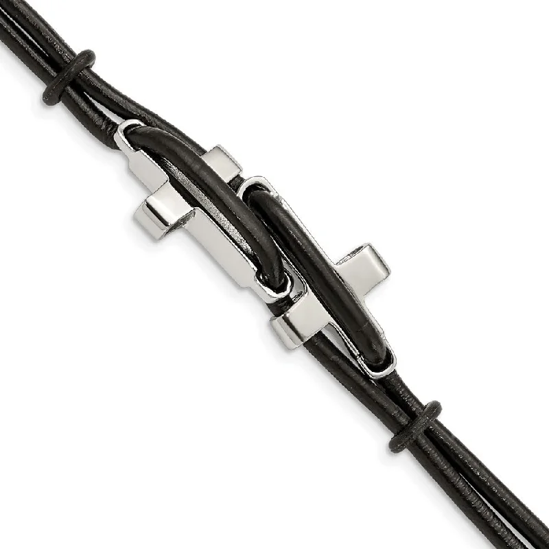 Sparkle More For Less – Jewelry Sale Happening Now Men's Black Leather and Stainless Steel Cross 8.25 Inch Bracelet Sparkle More For Less – Jewelry Sale Happening Now Men's Black Leather and Stainless Steel Cross 8.25 Inch Bracelet