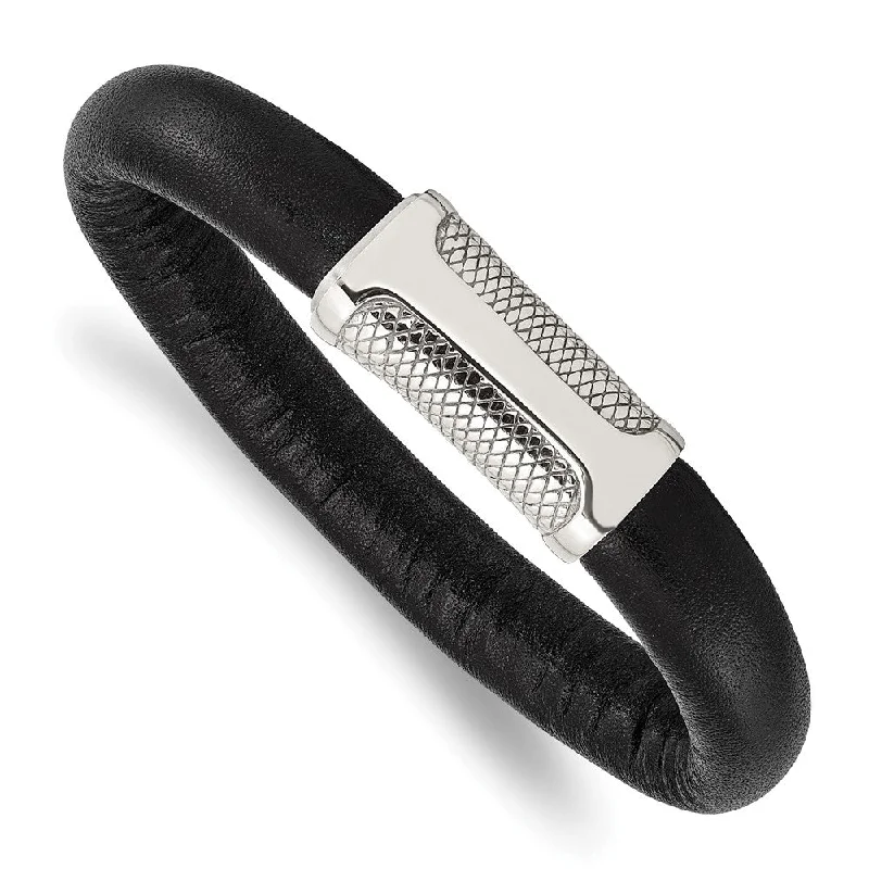 Modern Statement Jewelry For Bold Styling Men's Black Leather Cord & Stainless Steel Magnetic Bracelet, 8.5 Inch