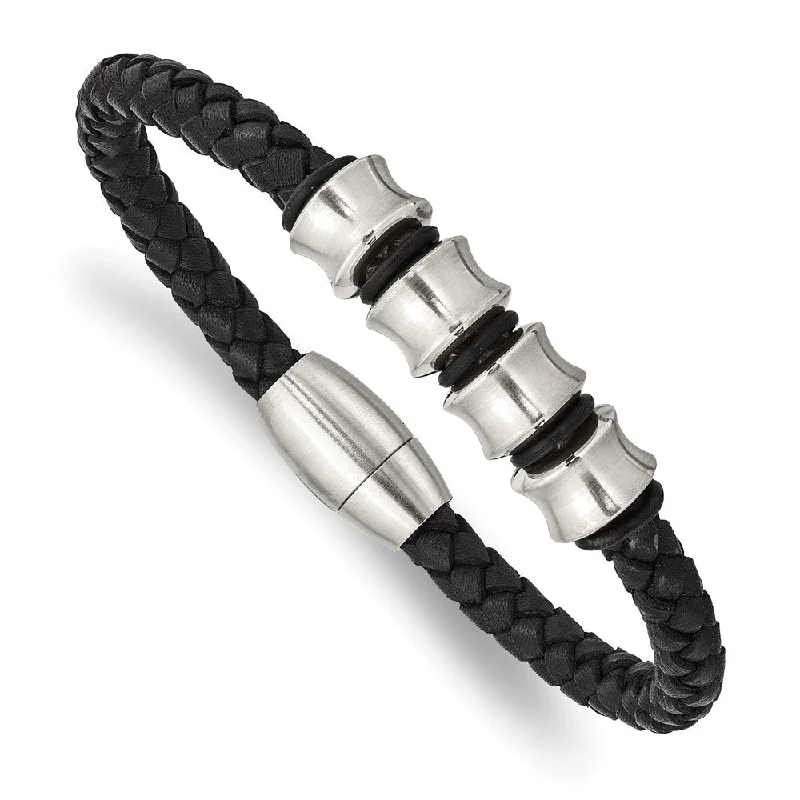 Buy More, Save More On Stunning Jewelry Pieces Men's Braided Black Leather and Stainless Steel Bracelet - 8.5 Inch