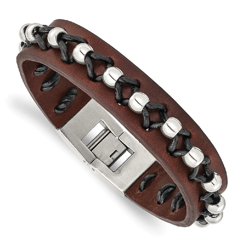 Premium Diamond Jewelry For Unforgettable Moments Men's Brown Leather and Stainless Steel Bead Bracelet - 8.5 Inch