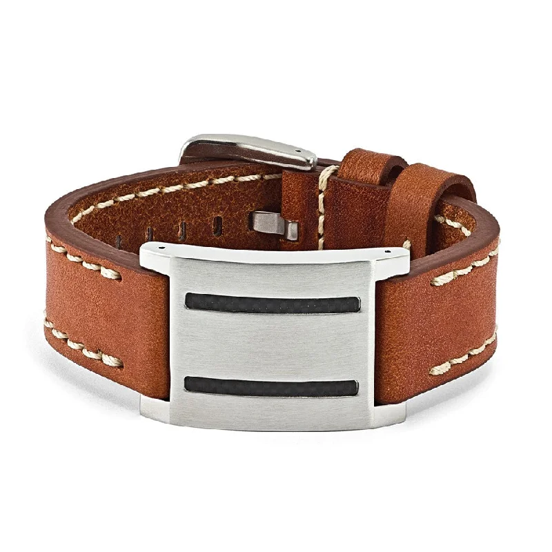 Celebrate Every Occasion With Sparkling Savings Mens Brown Leather, Carbon Fiber & Stainless Steel ID Buckle Bracelet Celebrate Every Occasion With Sparkling Savings Mens Brown Leather, Carbon Fiber & Stainless Steel ID Buckle Bracelet