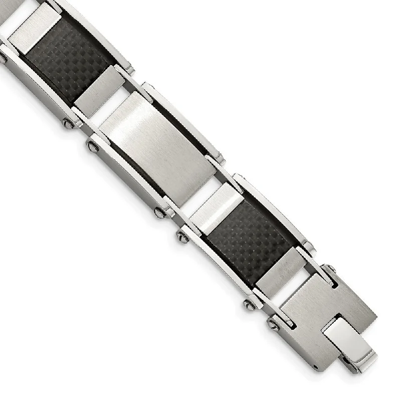 Premium Jewelry Now Available At Special Discounts Men's Stainless Steel and Black Carbon Fiber Link Bracelet, 8.75 Inch