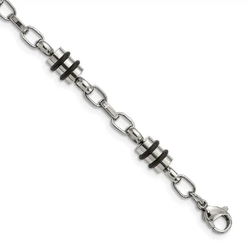 Last Chance To Grab Your Favorite Jewelry At A Discount Men's Stainless Steel and Rubber Accent Barrel Link Bracelet - 8 Inch