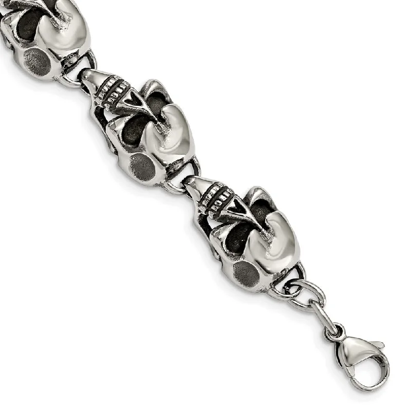 Elegant Necklaces And Bracelets At Limited-Time Offers Men's Stainless Steel Antiqued Skulls Bracelet - 8.5 Inch