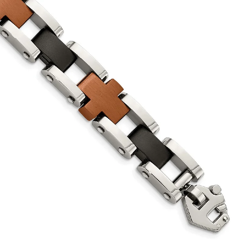 Best Jewelry Sale – Shop Exclusive Designs Now Men's Stainless Steel, Black and Cognac Cross Link Bracelet, 8.75 Inch