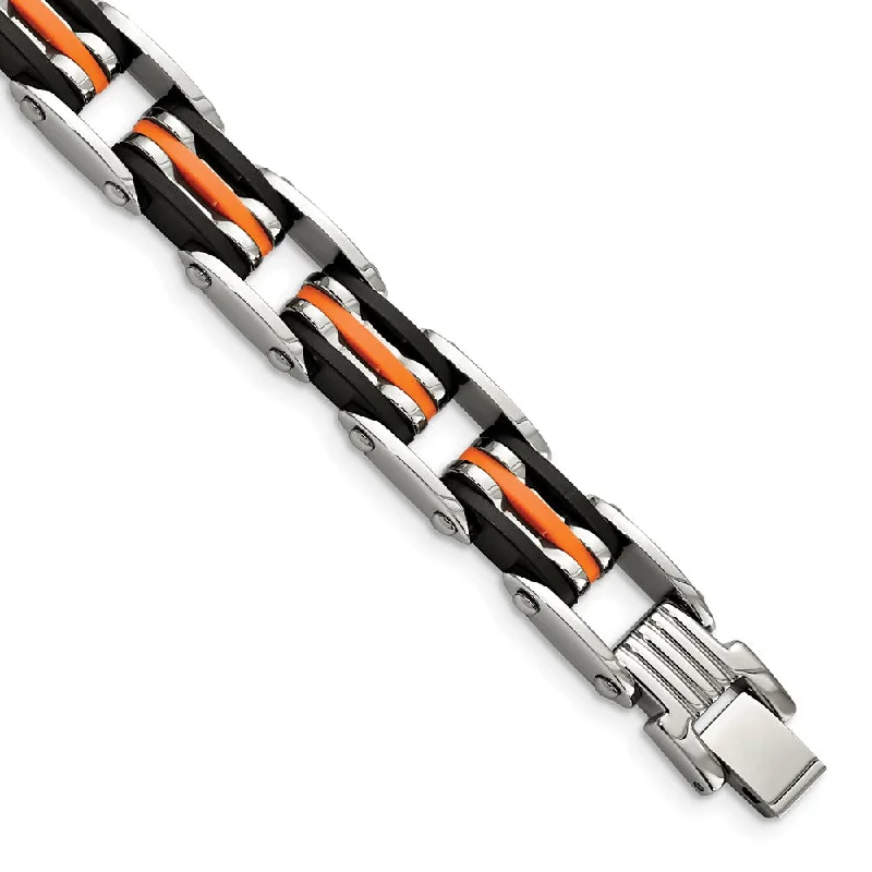 Timeless Jewelry, Timeless Savings – Don't Wait Men's Stainless Steel Black and Orange Rubber Bracelet - 8.5 Inch