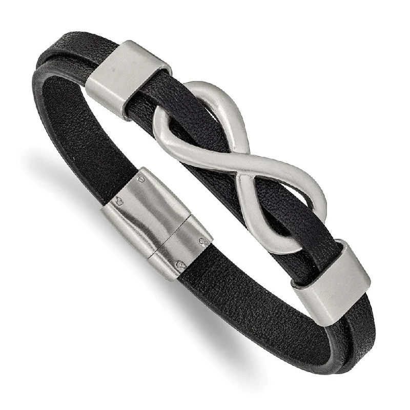 Fashion-Forward Jewelry At Incredible Prices Mens Stainless Steel & Black Leather Brushed Infinity Bracelet, 8 Inch Fashion-Forward Jewelry At Incredible Prices Mens Stainless Steel & Black Leather Brushed Infinity Bracelet, 8 Inch