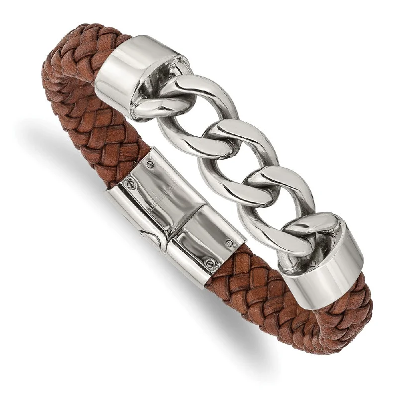 Sparkle For Less – Shop Our Limited-Time Jewelry Deals Men's Stainless Steel & Brown Leather Curb Link Bracelet, 8.25 Inch Sparkle For Less – Shop Our Limited-Time Jewelry Deals Men's Stainless Steel & Brown Leather Curb Link Bracelet, 8.25 Inch