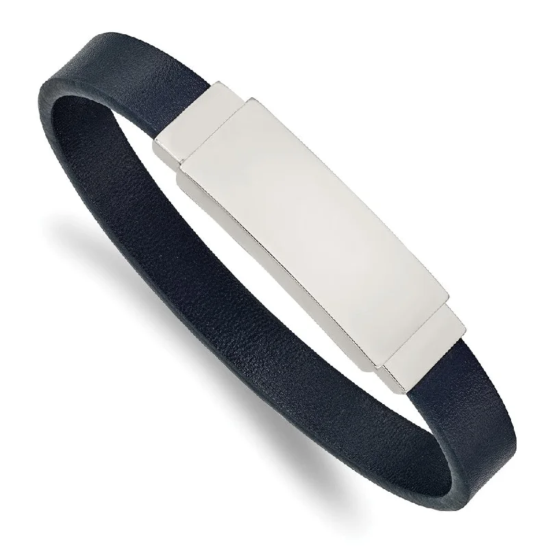 Affordable Luxury Jewelry For Every Occasion Men's Stainless Steel & Navy Blue Leather I.D. Bracelet, 8.5 Inch