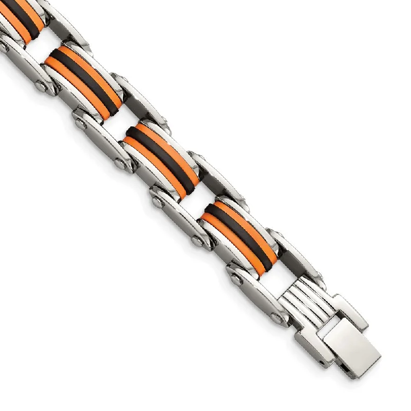 Celebrate Every Occasion With Sparkling Savings Men's Stainless Steel Orange and Black Rubber Bracelet - 8.75 Inch