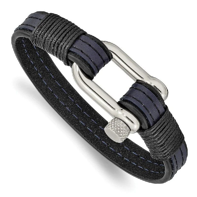 Affordable Luxury Jewelry For Every Occasion Stainless Steel, Black & Blue Leather Shackle Bracelet, 8.25 Inch Affordable Luxury Jewelry For Every Occasion Stainless Steel, Black & Blue Leather Shackle Bracelet, 8.25 Inch