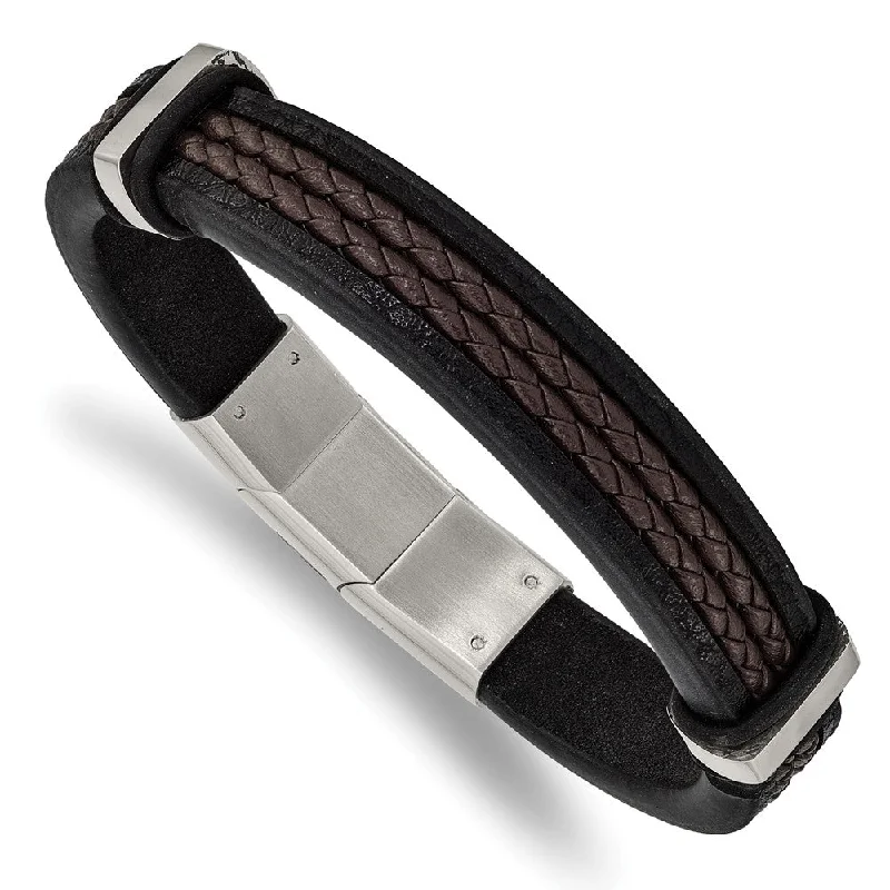 Bestselling Jewelry At Special Promotional Rates Stainless Steel, Black/Brown Leather Adjustable Bracelet, 8 Inch Bestselling Jewelry At Special Promotional Rates Stainless Steel, Black/Brown Leather Adjustable Bracelet, 8 Inch