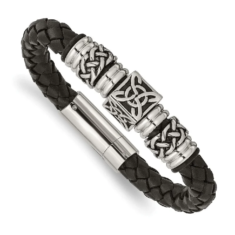 Personalized Jewelry Sale – Meaningful Gifts At Great Prices Stainless Steel & Black Leather 14mm Celtic Knot Bracelet, 8.5 Inch