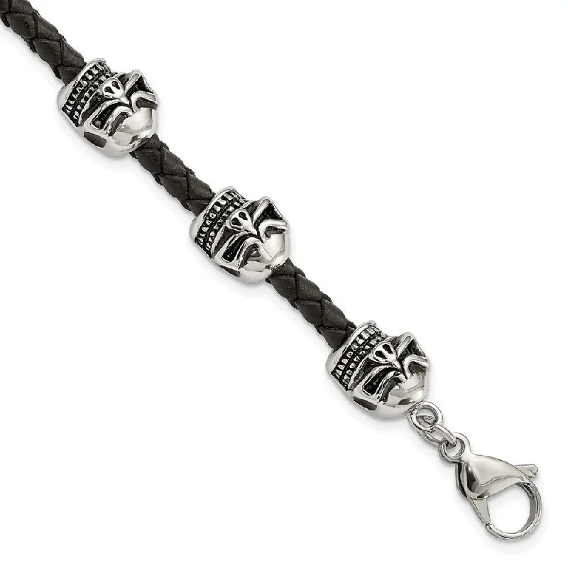Exclusive Jewelry Offers – Shine For Less Stainless Steel & Black Leather Antiqued Skulls Bead Bracelet, 8.5 In Exclusive Jewelry Offers – Shine For Less Stainless Steel & Black Leather Antiqued Skulls Bead Bracelet, 8.5 In