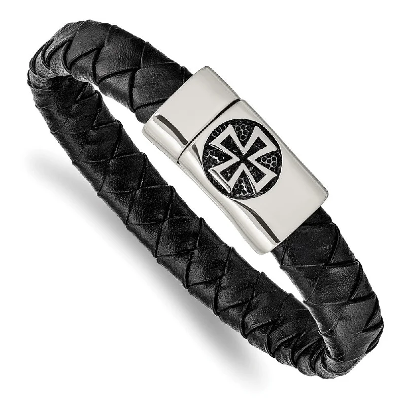 Exclusive Jewelry Discounts – Shop Now For Savings Stainless Steel Black Leather Braided Maltese Cross Bracelet, 8.5 Inch