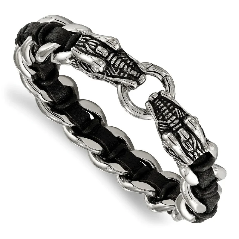 Timeless Elegance, Temporary Discounts – Act Fast Stainless Steel & Black Leather Dragon Head Curb Link Bracelet, 8.5 In Timeless Elegance, Temporary Discounts – Act Fast Stainless Steel & Black Leather Dragon Head Curb Link Bracelet, 8.5 In
