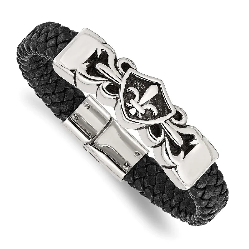 Best Jewelry Sale – Shop Exclusive Designs Now Stainless Steel & Black Leather Fleur de Lis Shield Bracelet, 8.25 In Best Jewelry Sale – Shop Exclusive Designs Now Stainless Steel & Black Leather Fleur de Lis Shield Bracelet, 8.25 In