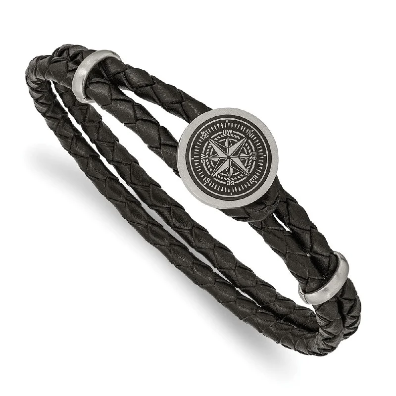 Luxury Jewelry At Unbeatable Discounts Stainless Steel & Black Leather Lasered Compass Bracelet, 8.5 Inch Luxury Jewelry At Unbeatable Discounts Stainless Steel & Black Leather Lasered Compass Bracelet, 8.5 Inch