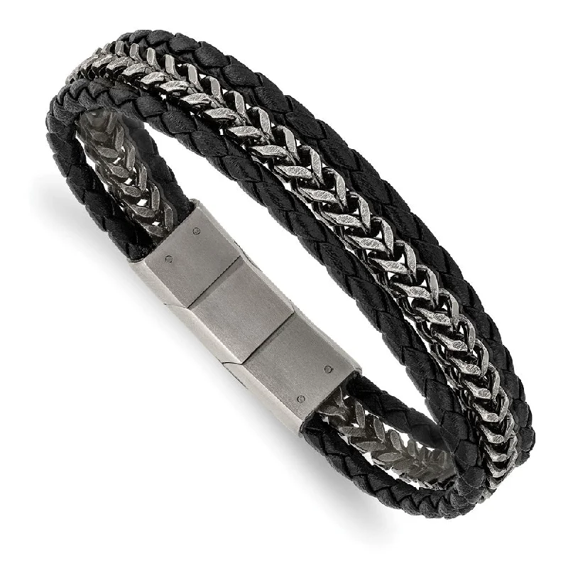 Shine Bright With Our Special Jewelry Promotions Stainless Steel Black or Brown Leather Strand Bracelet, 7.75-8.25 Inch Shine Bright With Our Special Jewelry Promotions Stainless Steel Black or Brown Leather Strand Bracelet, 7.75-8.25 Inch