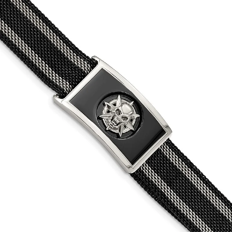 Unique Jewelry For Less – Shop The Sale Now Stainless Steel & Black Plated Skull Mesh Adjustable Bracelet, 9.5 In