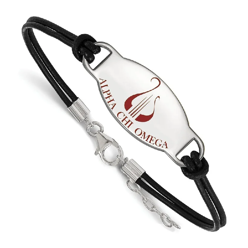 Beautiful Jewelry, Breathtaking Discounts – Hurry In Sterling Silver Alpha Chi Omega Enamel Black Leather Bracelet - 7 in.