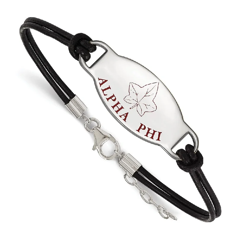 Jewelry Clearance Event – Last Chance For Stunning Deals Sterling Silver Alpha Phi Enamel Black Leather Bracelet - 7 in.