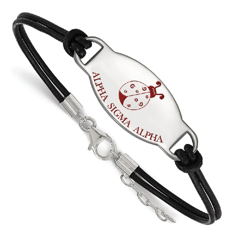 Luxury Handcrafted Jewelry For Elegant Looks Sterling Silver Alpha Sigma Alpha Enamel Blk Leather Bracelet - 7 in.