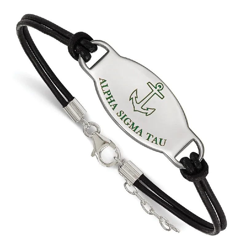 Affordable Gold-Plated Jewelry For Modern Fashion Sterling Silver Alpha Sigma Tau Enamel Blk Leather Bracelet - 7 in.