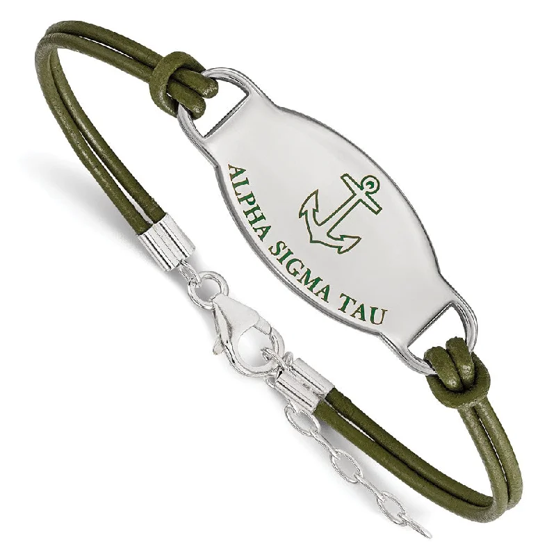 Exclusive Online Jewelry Sale – Don't Wait Sterling Silver Alpha Sigma Tau Enamel Olive Leather Bracelet - 7 in.