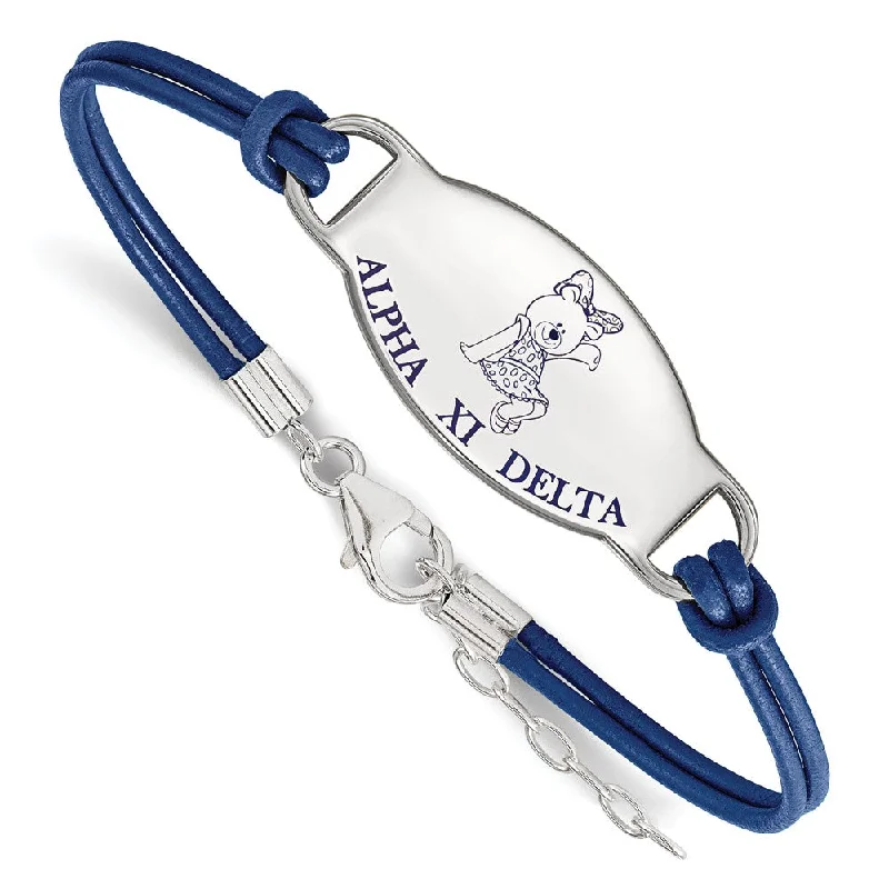 High-Quality Gemstone Jewelry For Special Occasions Sterling Silver Alpha Xi Delta Enamel Blue Leather Bracelet - 7 in.