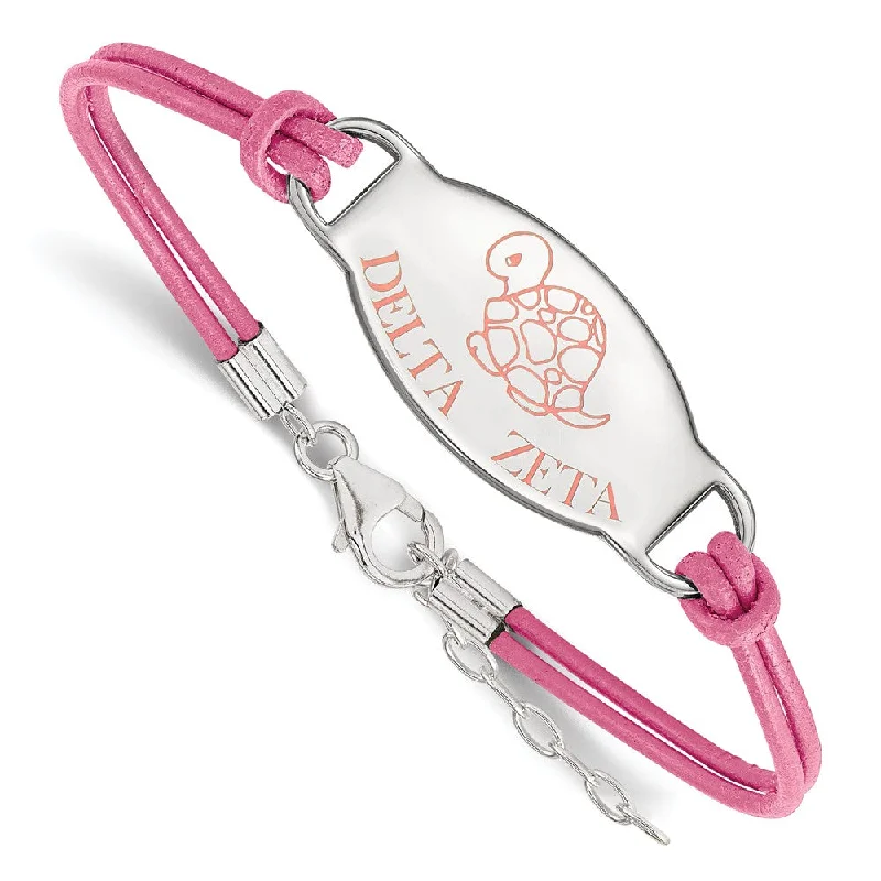 Romantic Heart-Shaped Jewelry For Special Gifts Sterling Silver Delta Zeta Enamel Pink Leather Bracelet - 7 in.