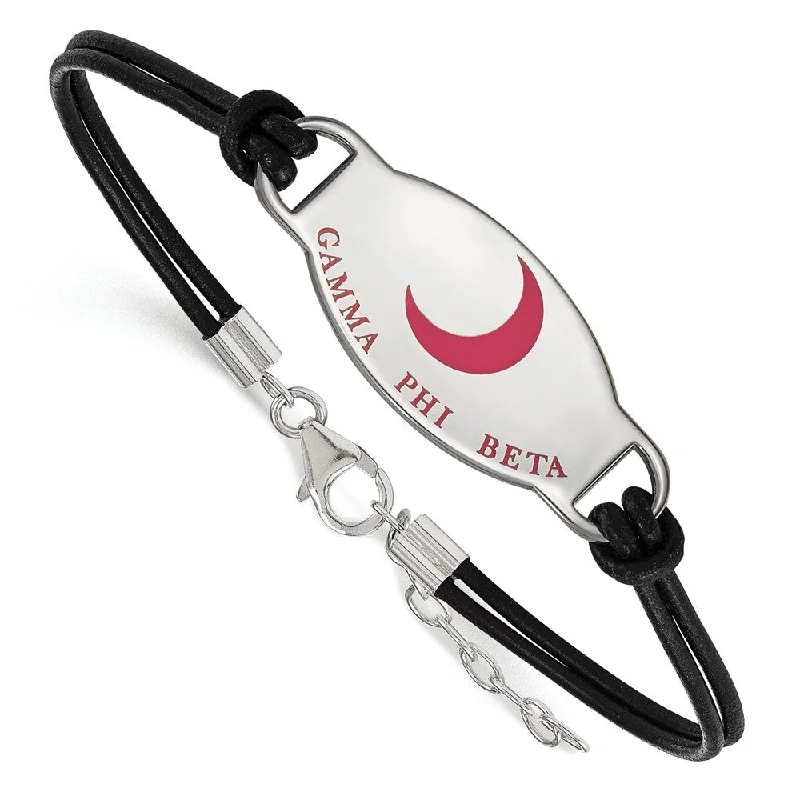 Waterproof Stainless Steel Jewelry For Lasting Beauty Sterling Silver Gamma Phi Beta Enamel Black Leather Bracelet - 7 in.