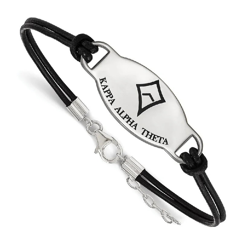 Fashion-Forward Geometric Jewelry For Contemporary Style Sterling Silver Kappa Alpha Theta Enamel Blk Leather Bracelet - 7 in.