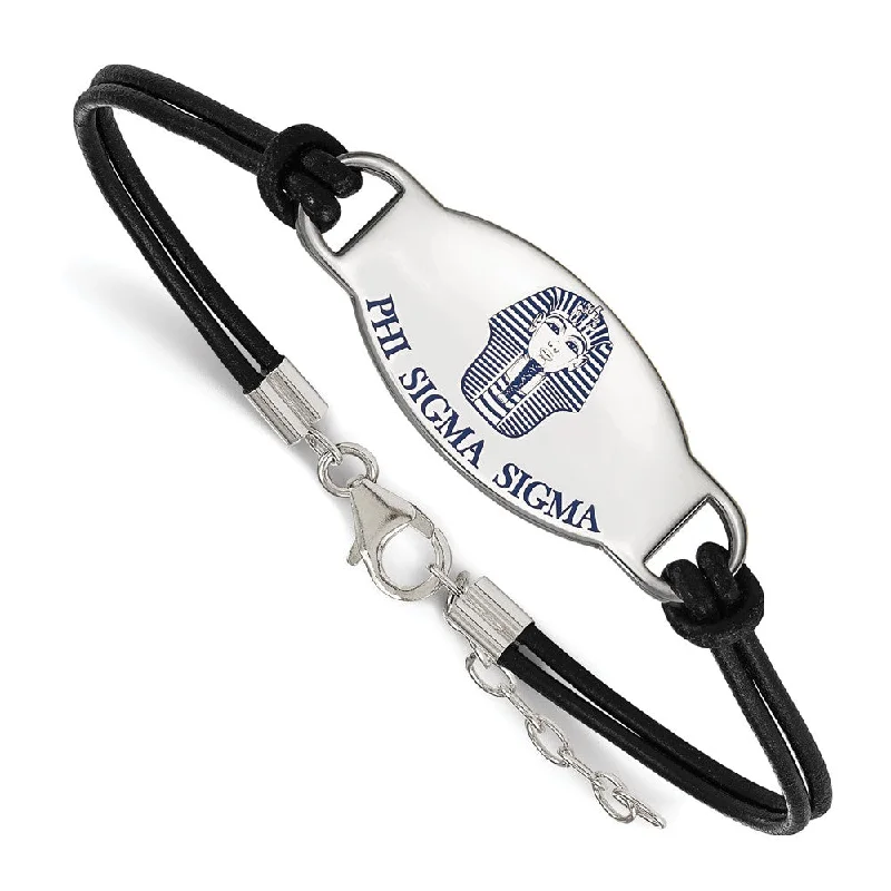 Shop Elegant Jewelry At Unbeatable Prices Sterling Silver Phi Sigma Sigma Enamel Black Leather Bracelet - 7 in.