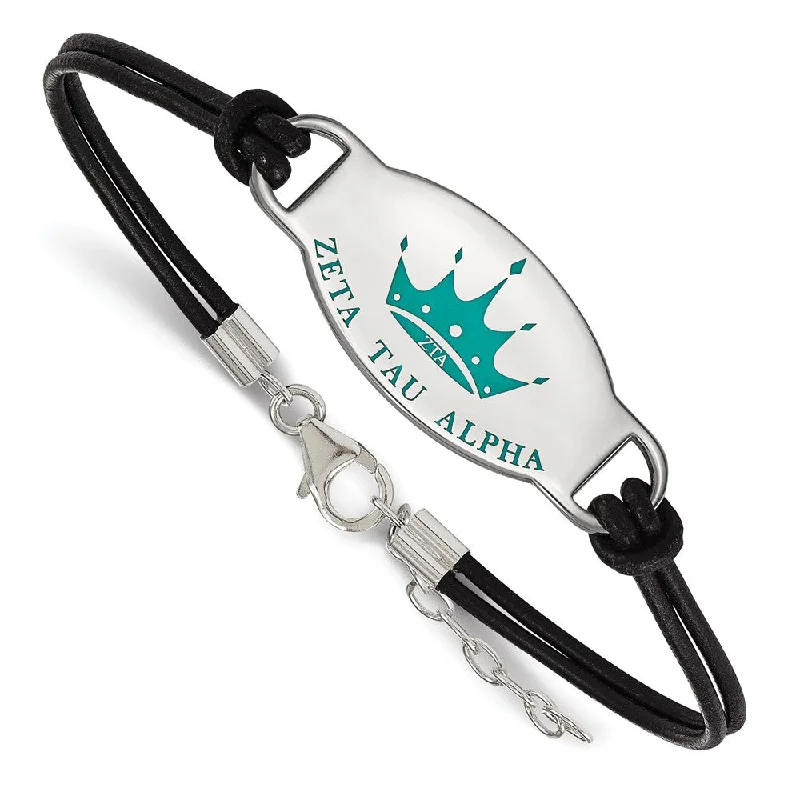 Best-Selling Jewelry Now Available At Special Deals Sterling Silver Zeta Tau Alpha Enamel Black Leather Bracelet - 7 in.