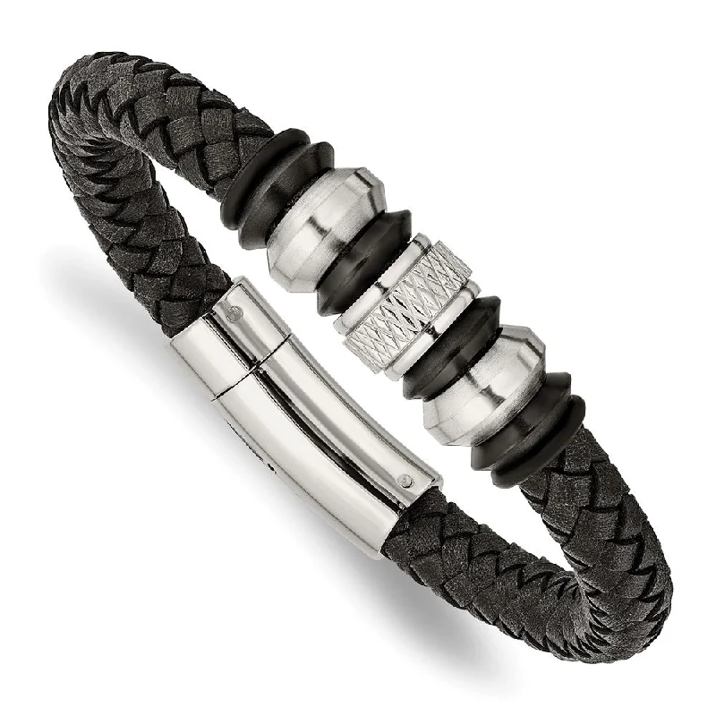 Bold And Beautiful Jewelry Now At Irresistible Prices Two Tone Stainless Steel & Black Leather Beaded Bracelet, 8.5 Inch